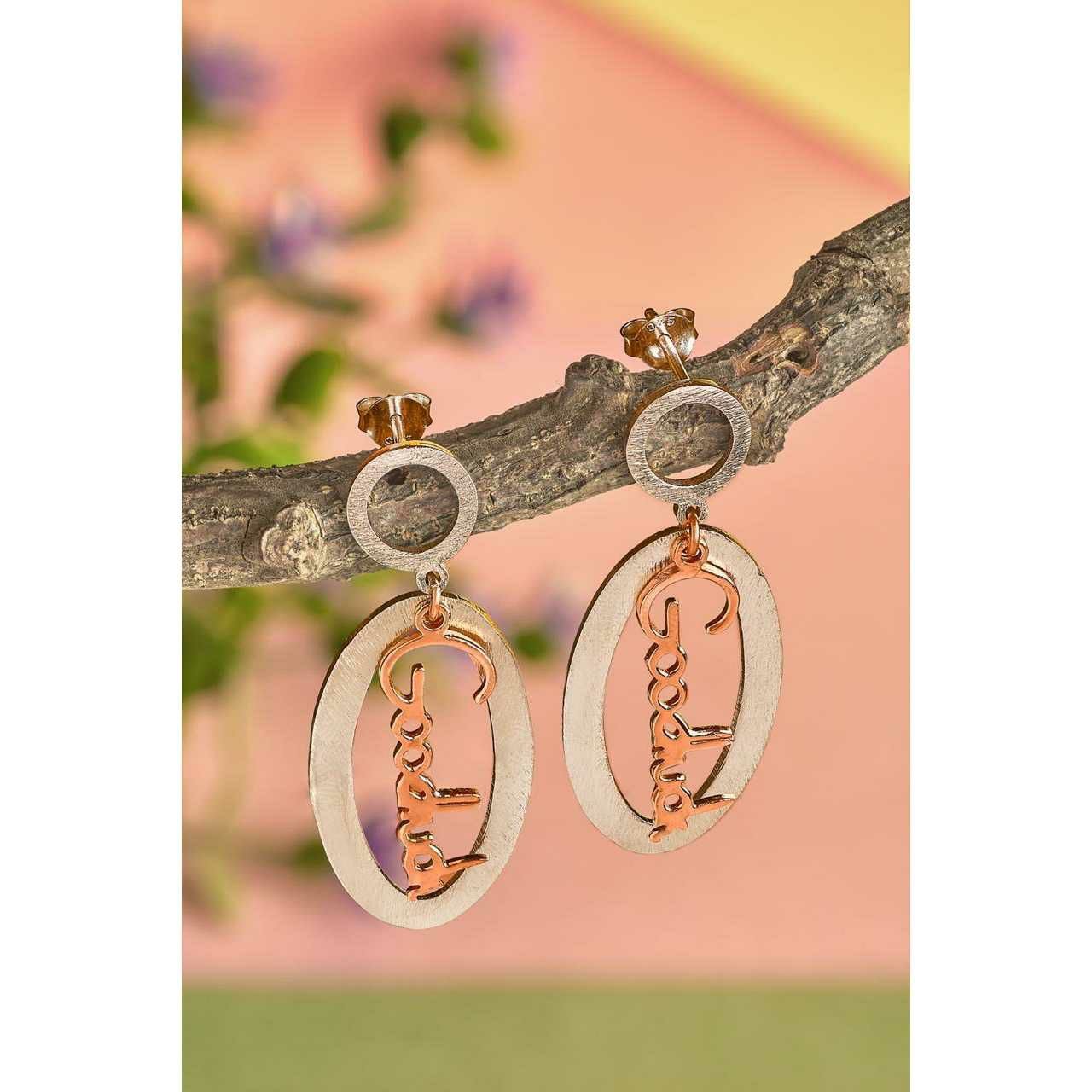 92.5 Sterling silver 2(Tow) Tone Dull & Red Color Oval Shaip Earring Ms-2744