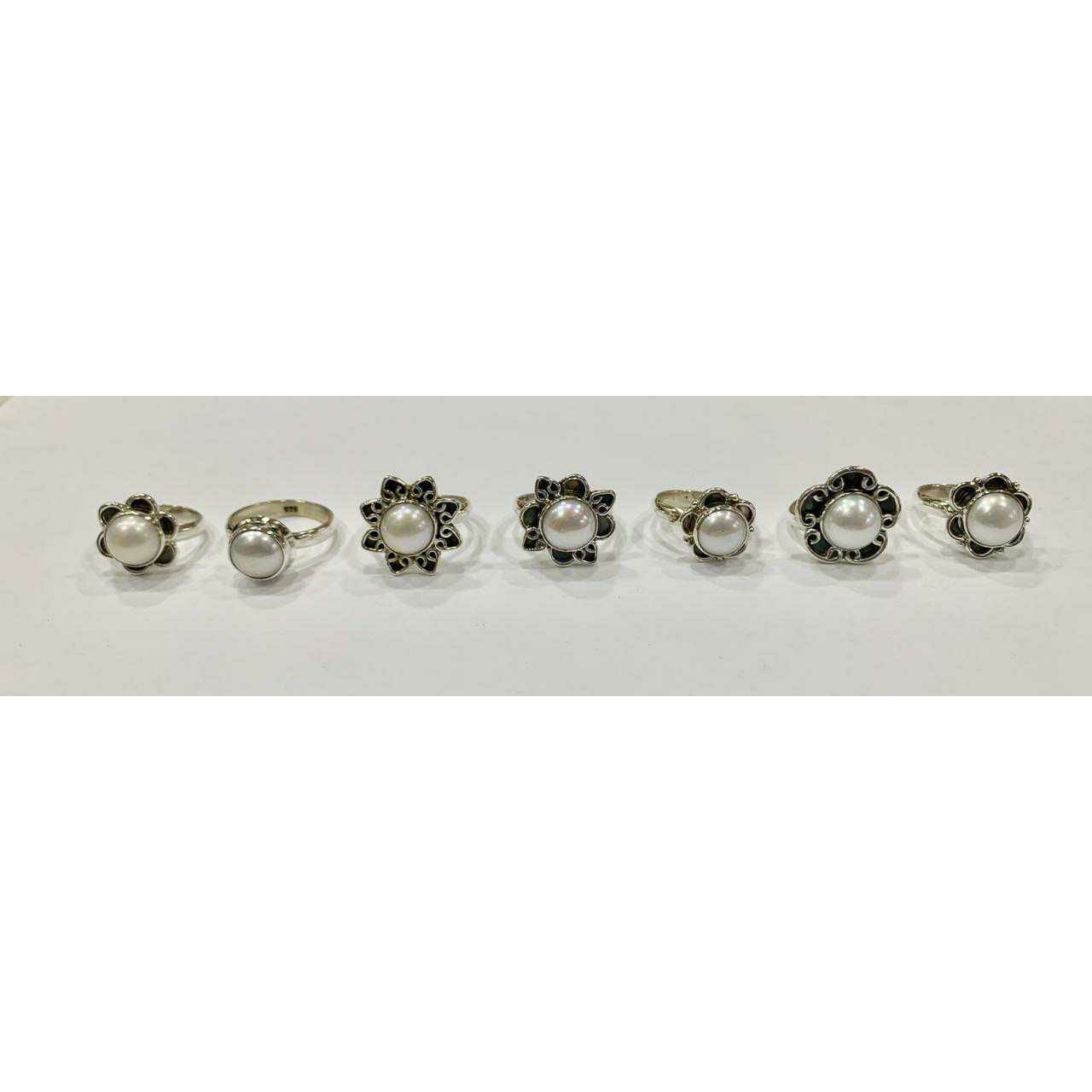 92.5 Sterling Silver Oxodize Border Middle Pearl Ring Ms-3373