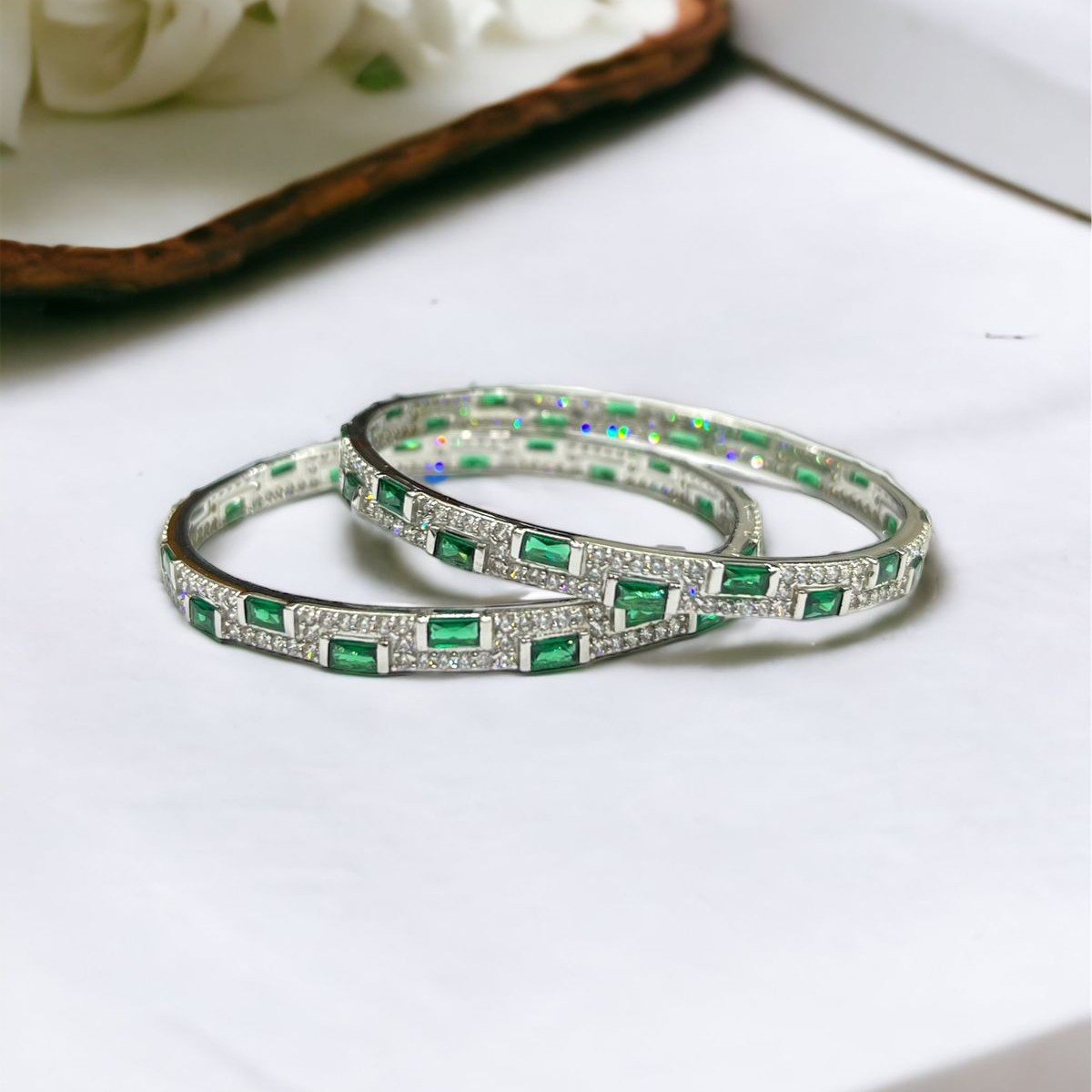 Silver Green Stone Rhodium Bangles