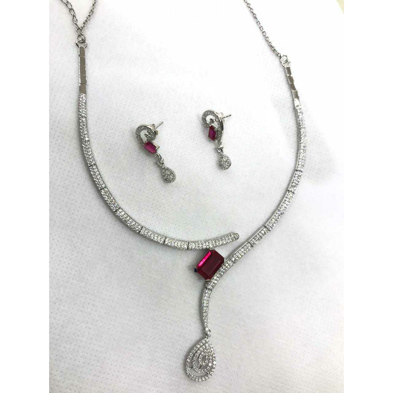 92.5 Sterling Silver Single Dimond Chain Lock Full Necklace Set Ms-2779