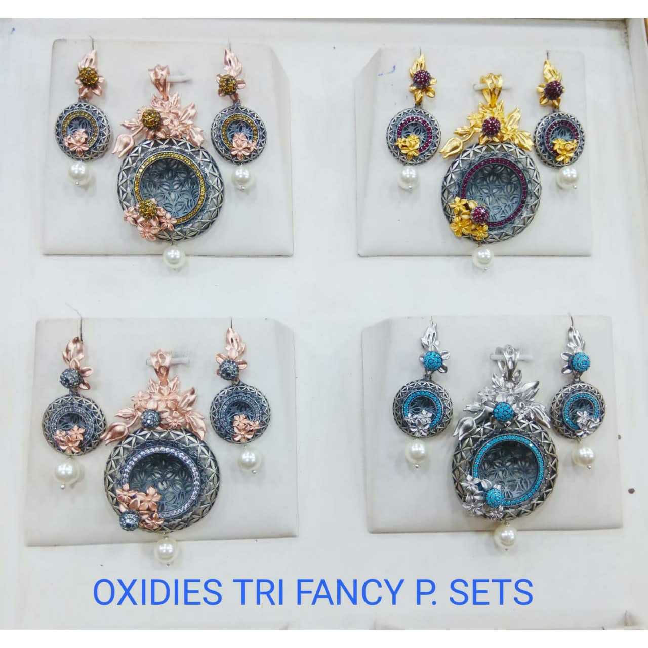 92.5 Sterling Silver Multi Colour Oxodize Tri Fancy Pendant Set Ms-3215