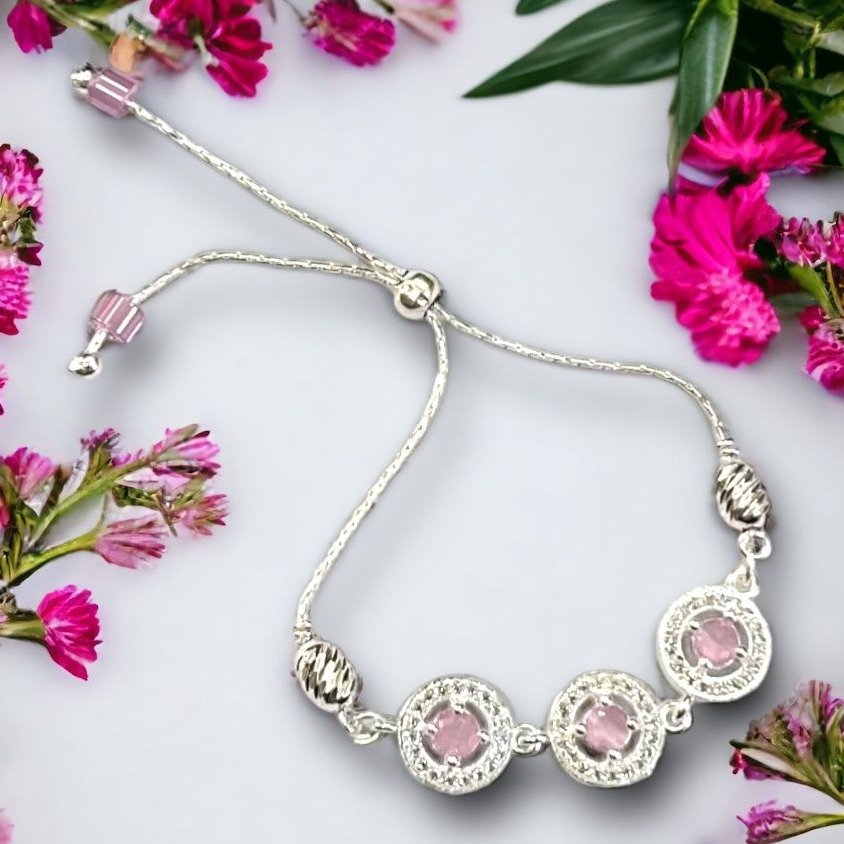 925 Silver Round Shape Pink Stone Bracelet